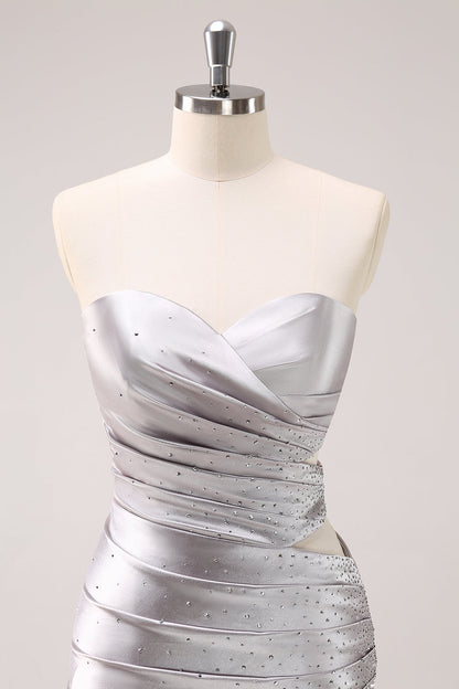 Silver Strapless Hollow Out Pleated Tight Homecoming Dress with Beading