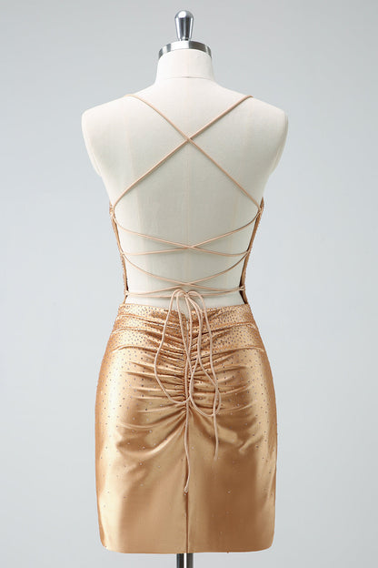 Golden Bodycon Spaghetti Straps Ruched Beaded Homecoming Dress with Lace Up Back