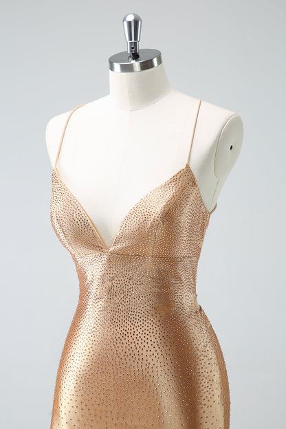 Golden Bodycon Spaghetti Straps Ruched Beaded Homecoming Dress with Lace Up Back