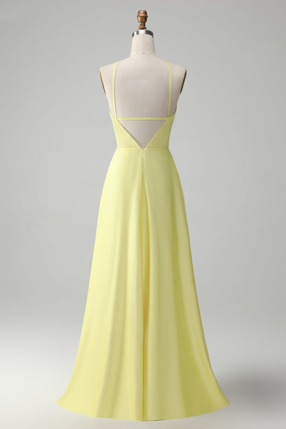 Yellow A Line Halter Cut Out Long Bridesmaid Dress with Flower