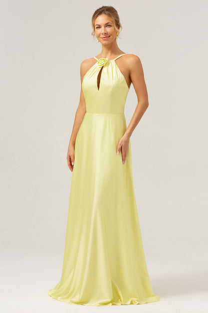 Yellow A Line Halter Cut Out Backless Long Bridesmaid Dress with Flower