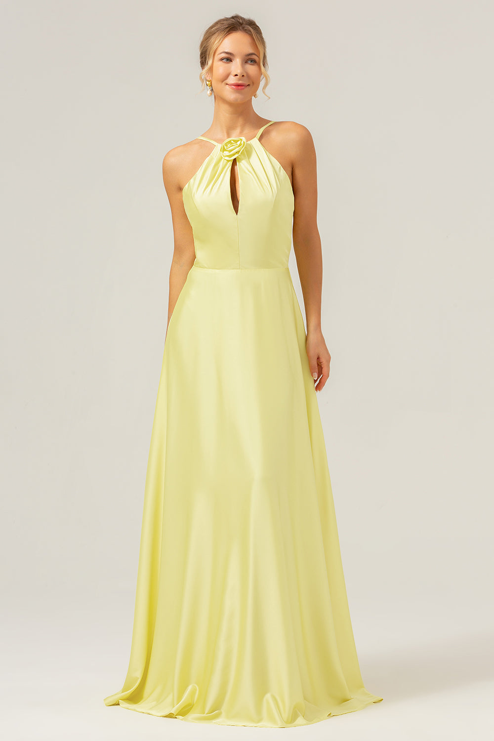 Yellow A Line Halter Cut Out Backless Long Bridesmaid Dress with Flower