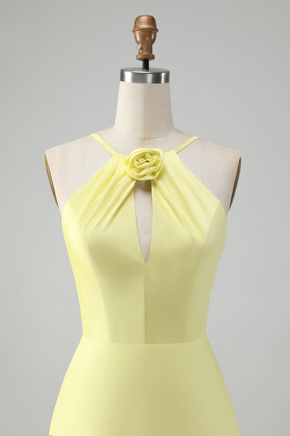 Yellow A Line Halter Cut Out Long Bridesmaid Dress with Flower