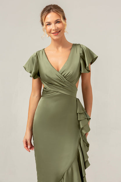 Olive A Line V Neck Satin Asymmetrical Bridesmaid Dress with Ruffle Slit