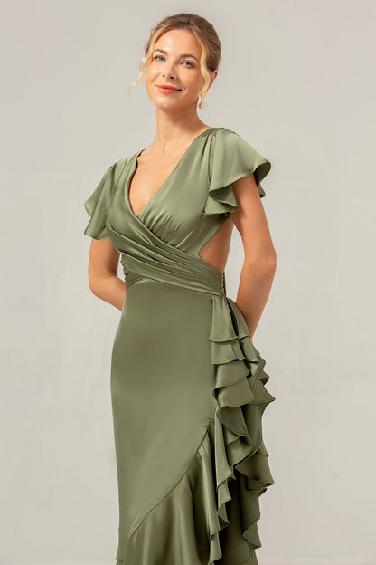 Olive A Line V Neck Satin Asymmetrical Bridesmaid Dress with Ruffle Slit