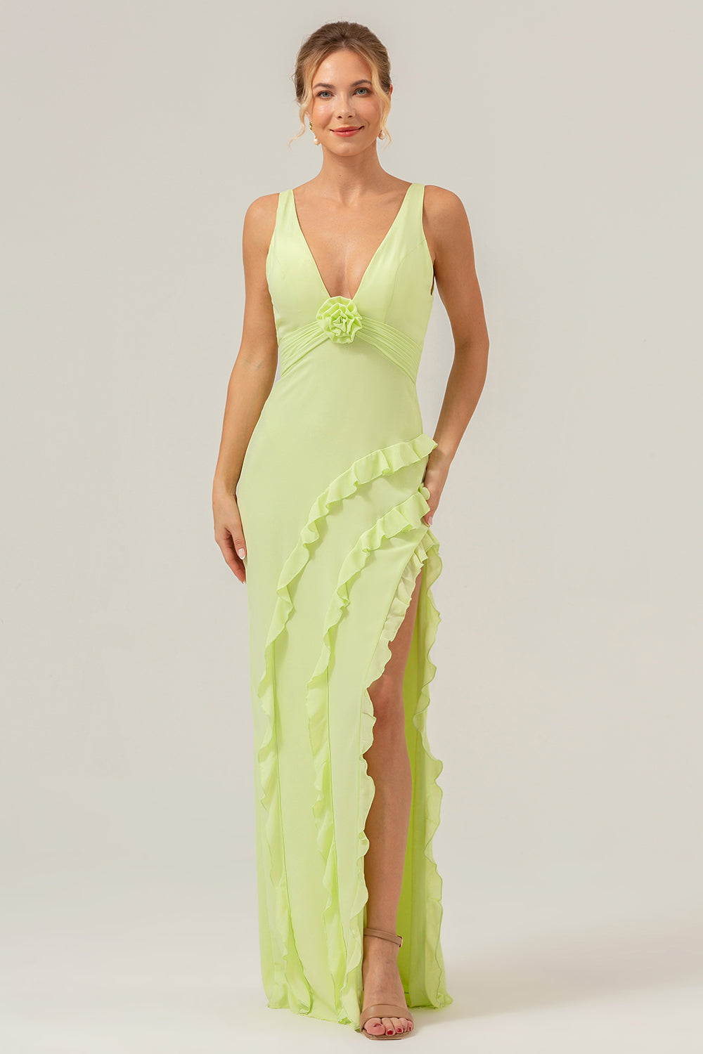 Lime Sheath Deep V Neck Backless Long Bridesmaid Dress with Ruffle Slit