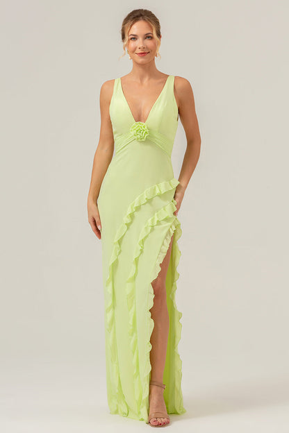 Lime Sheath Deep V Neck Backless Long Bridesmaid Dress with Ruffle Slit