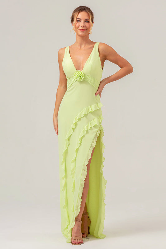 Lime Sheath Deep V Neck Backless Long Bridesmaid Dress with Ruffle Slit