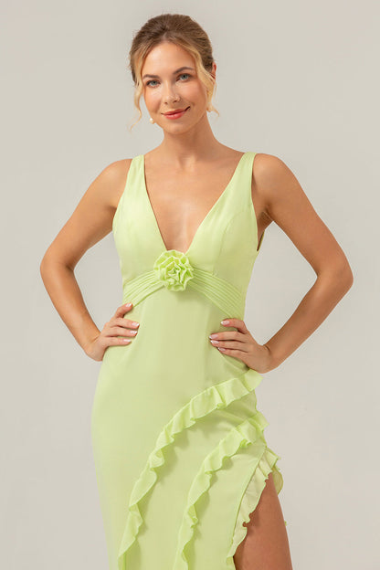 Lime Sheath Deep V Neck Backless Long Bridesmaid Dress with Ruffle Slit