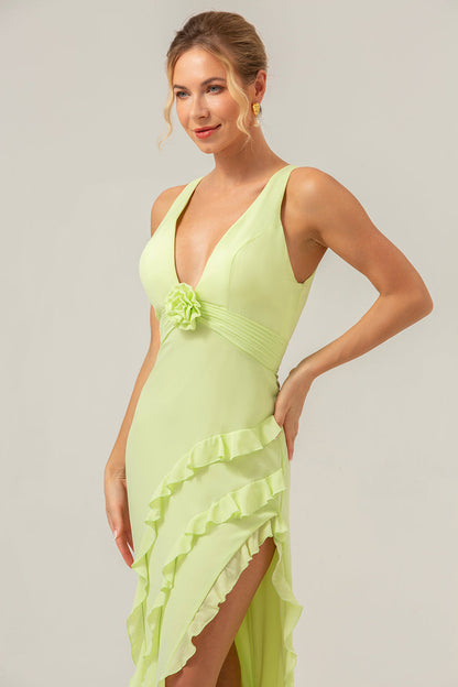 Lime Sheath Deep V Neck Backless Long Bridesmaid Dress with Ruffle Slit