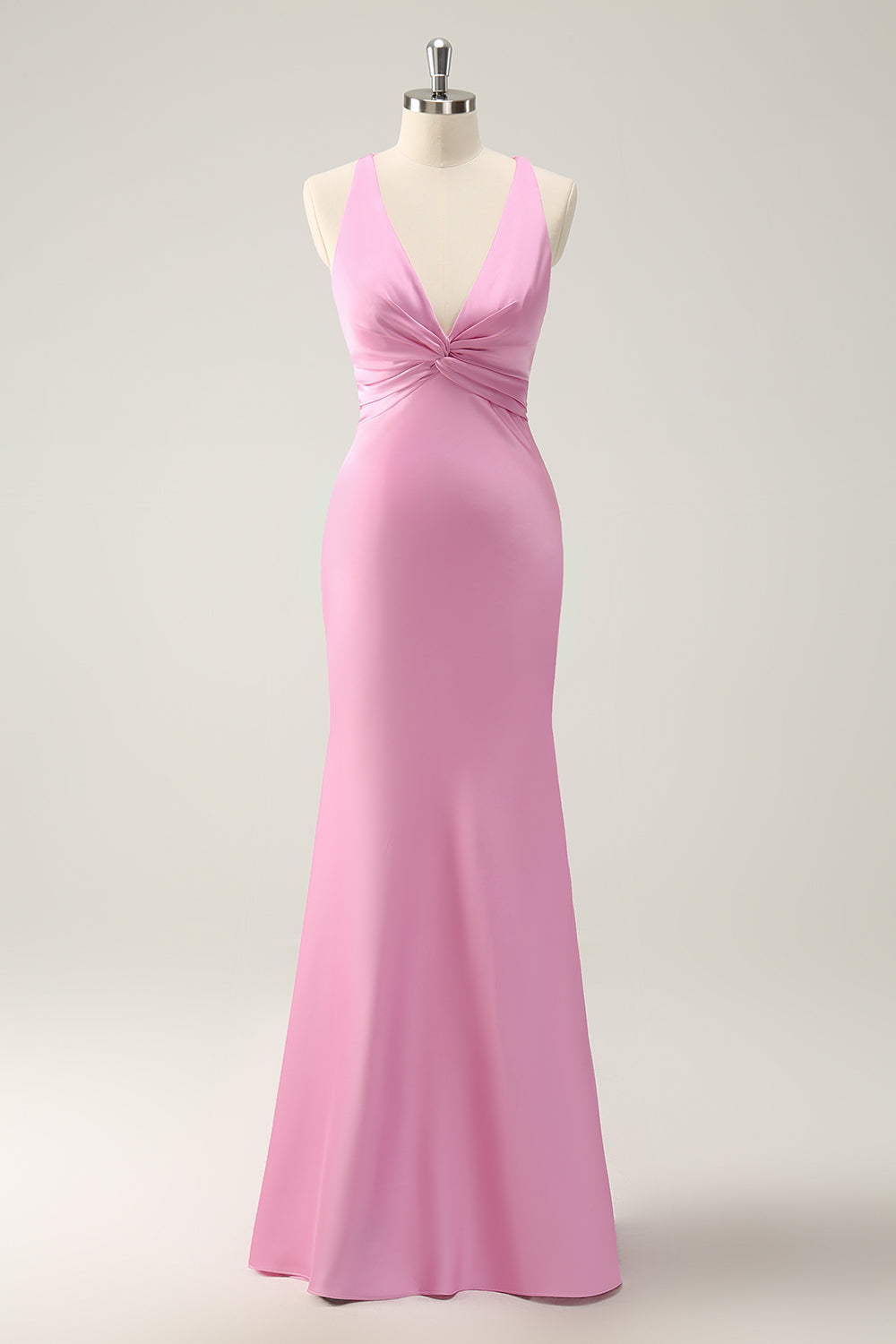 Pink Mermaid V Neck Satin Long Bridesmaid Dress