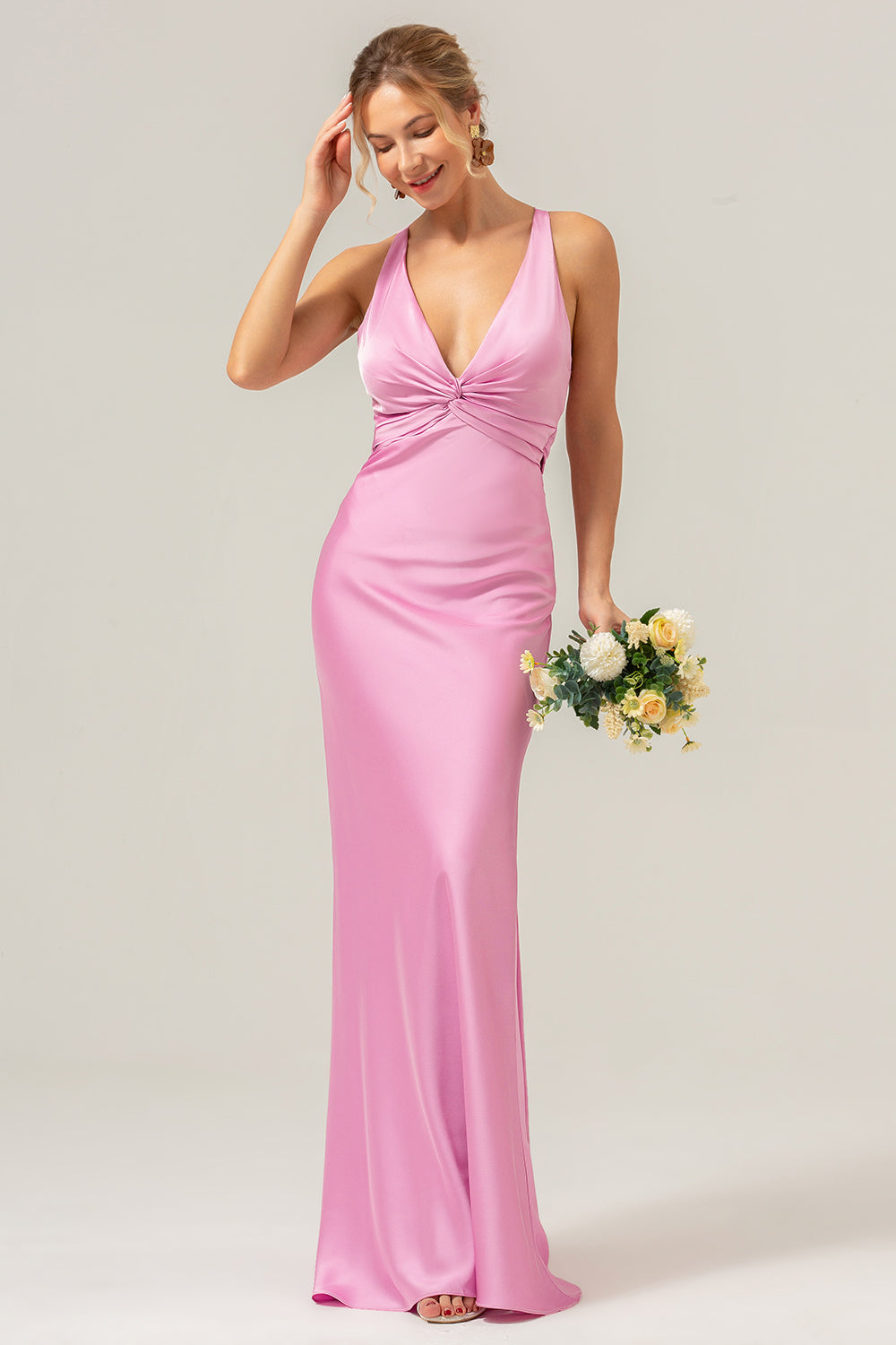 Pink Mermaid V Neck Ruched Satin Long Bridesmaid Dress with Lace Up Back