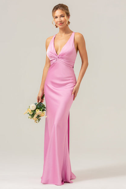 Pink Mermaid V Neck Ruched Satin Long Bridesmaid Dress with Lace Up Back