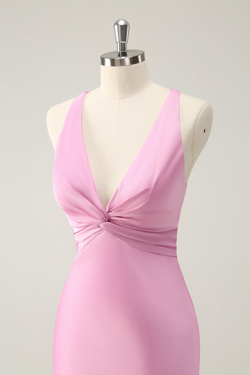 Pink Mermaid V Neck Satin Long Bridesmaid Dress