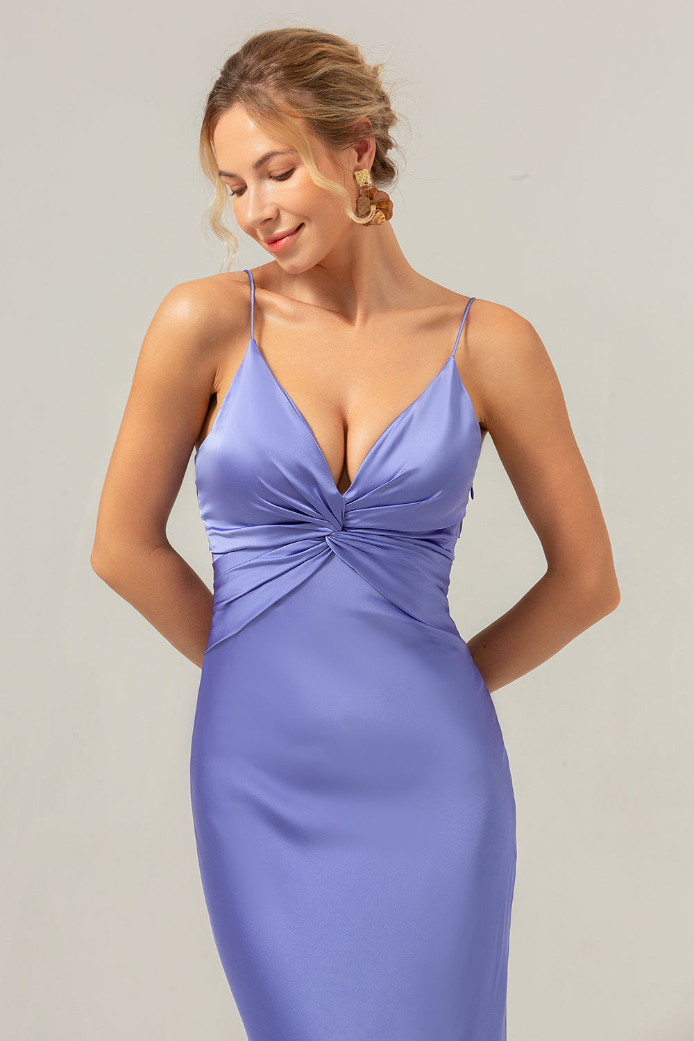 Mermaid Spaghetti Straps Hollow Out Twist Front Purple Bridesmaid Dress