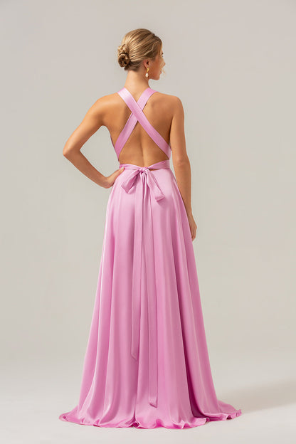 Pink A Line V-Neck Backless Satin Long Bridesmaid Dress with Slit