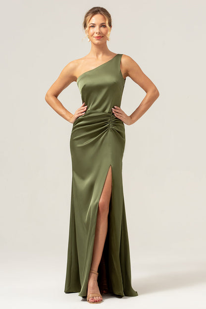 Olive Mermaid One Shoulder Backless Satin Long Bridesmaid Dress