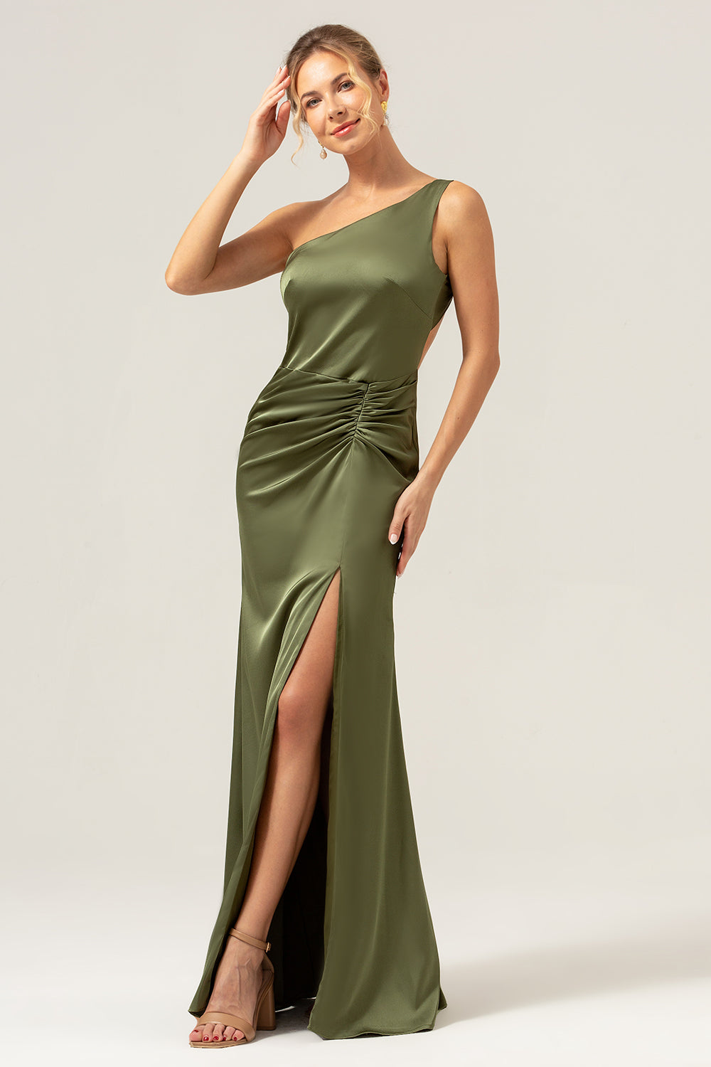 Olive Mermaid One Shoulder Backless Satin Long Bridesmaid Dress