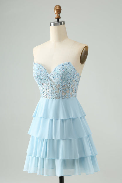 Light Blue A Line Sweetheart Tiered Short Homecoming Dress with Appliques