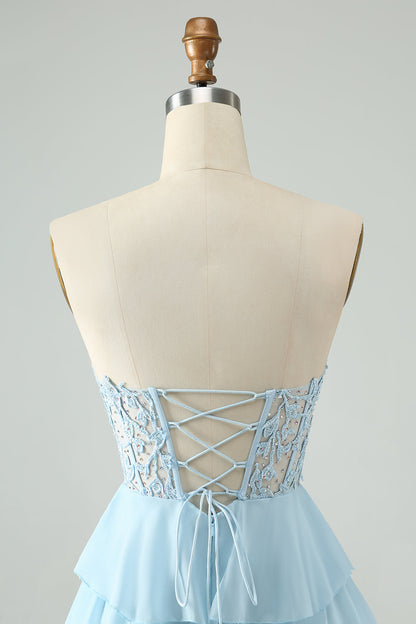 Light Blue A Line Sweetheart Tiered Short Homecoming Dress with Appliques