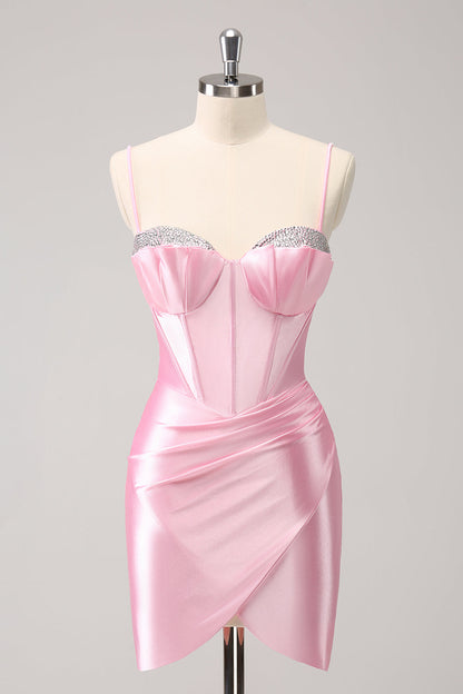 Stylish Sparkly Pink Spaghetti Straps Corset Tight Homecoming Dress with Beading