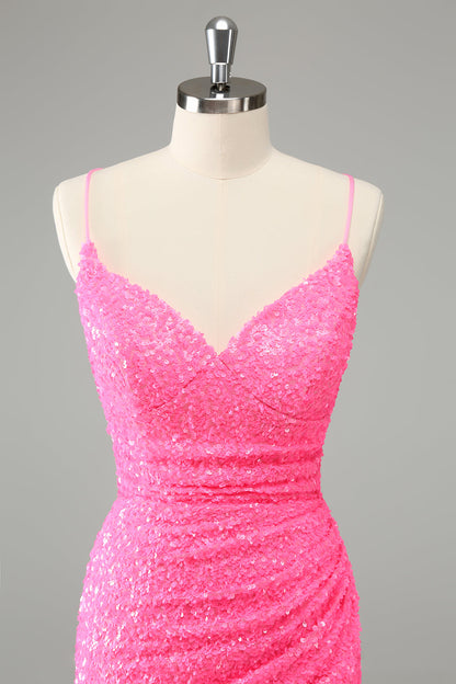 Glitter Hot Pink Tight Spaghetti Straps Sequins Short Homecoming Dress