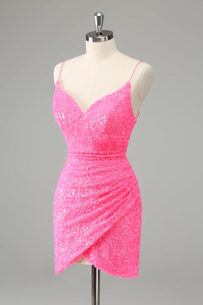 Glitter Hot Pink Tight Spaghetti Straps Sequins Short Homecoming Dress