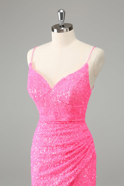 Glitter Hot Pink Tight Spaghetti Straps Sequins Short Homecoming Dress