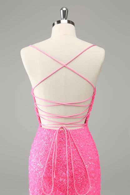 Glitter Hot Pink Tight Spaghetti Straps Sequins Short Homecoming Dress