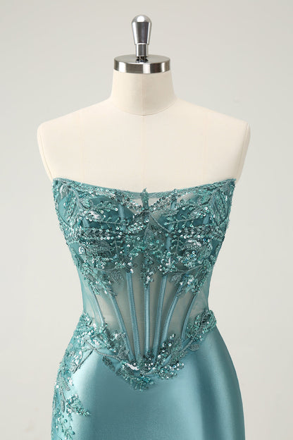 Glitter Peacock Tight Strapless Corset Short Homecoming Dress with  Appliques