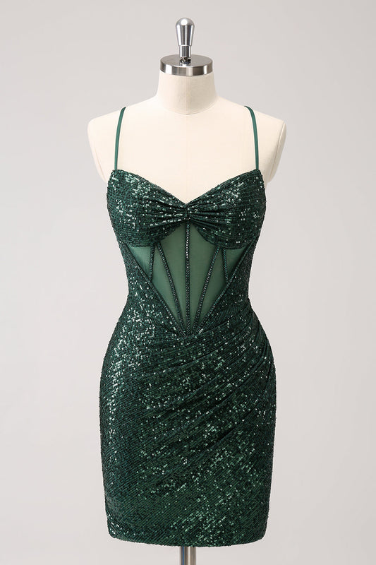 Dark Green Bodycon Spaghetti Straps Corset Short Homecoming Dress with Sequins