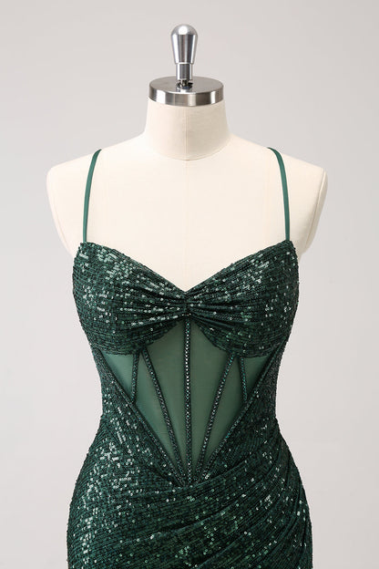 Dark Green Bodycon Spaghetti Straps Corset Short Homecoming Dress with Sequins