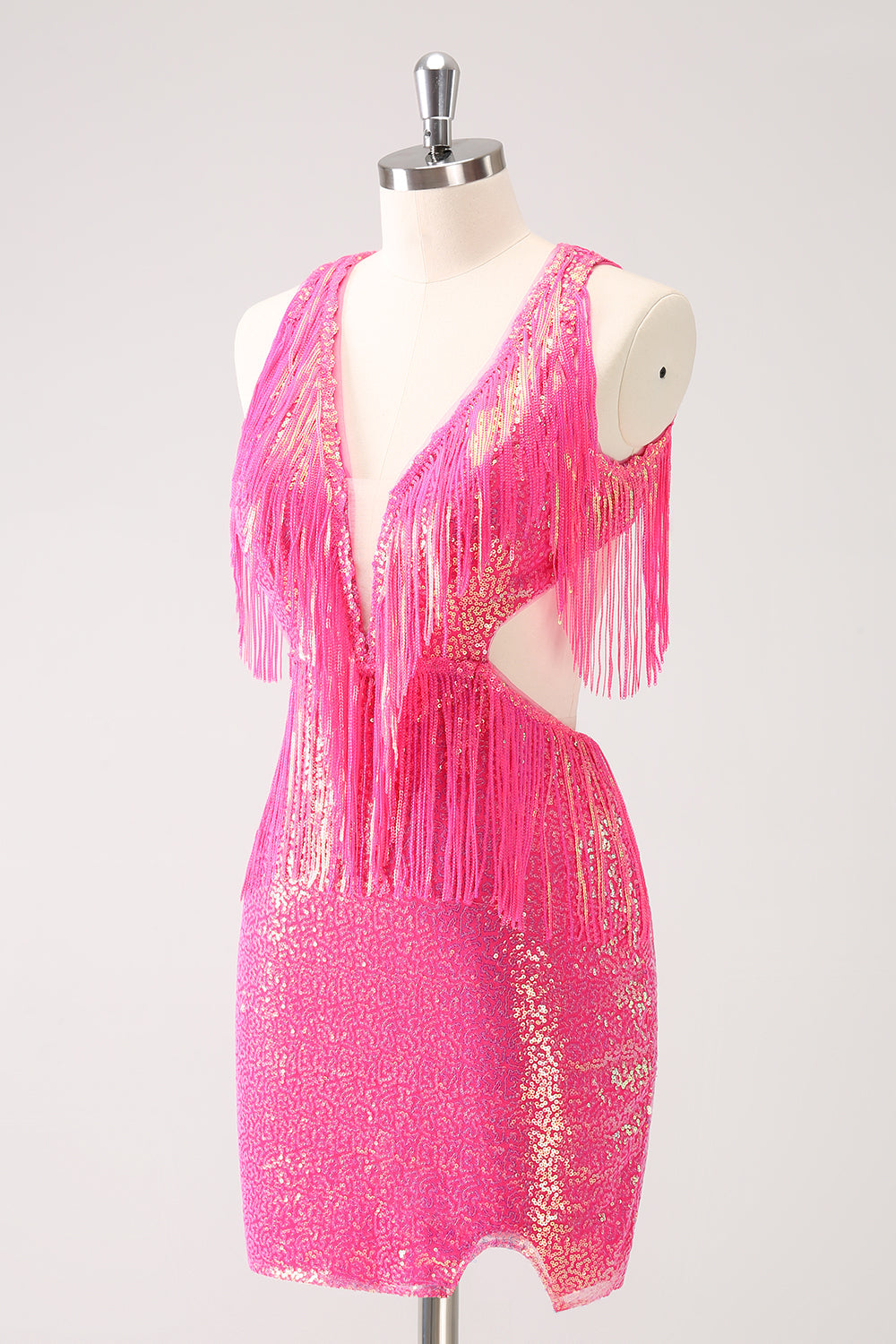 Sparkly Fuchsia V-Neck Backless Tight Homecoming Dress with Tassel