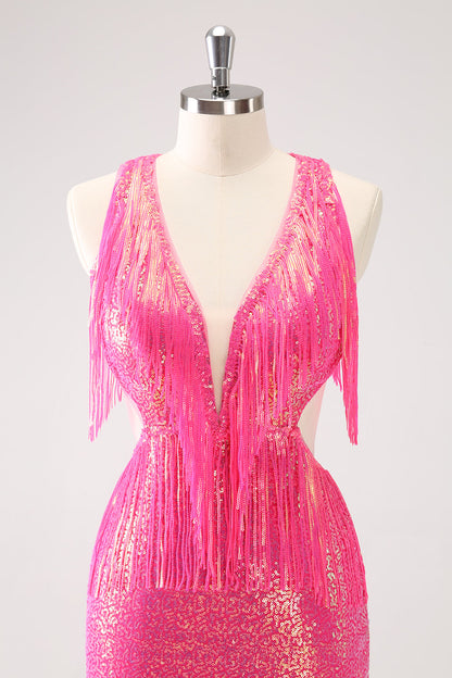 Sparkly Fuchsia V-Neck Backless Tight Homecoming Dress with Tassel