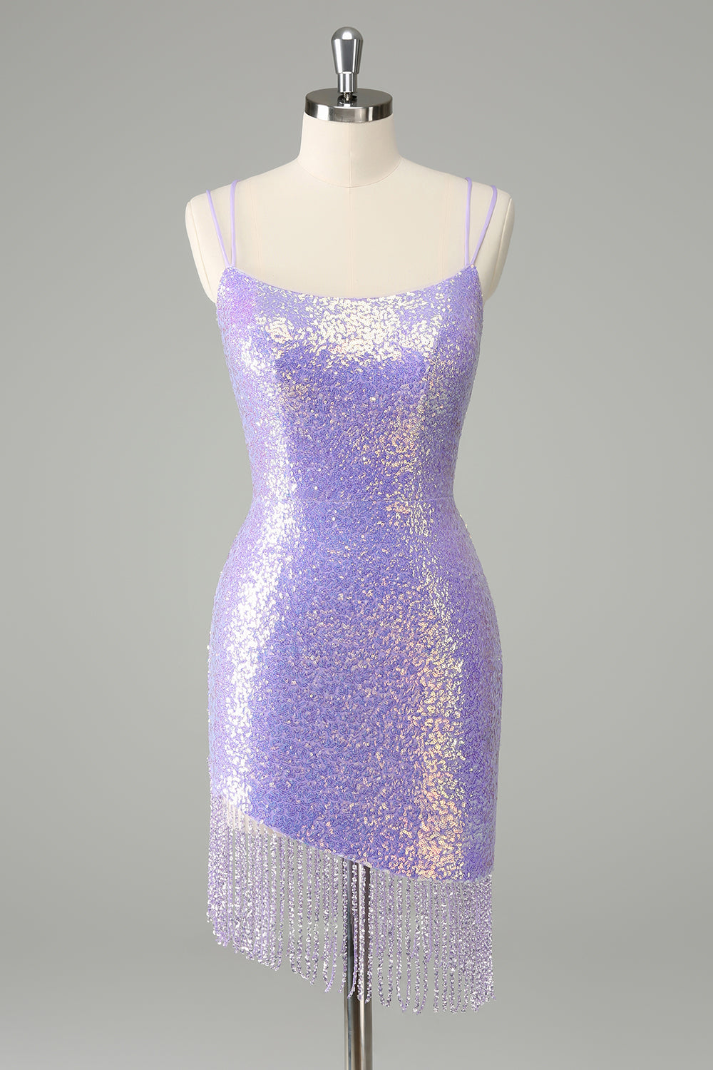 Sparkly Lilac Tight Sequins Lace Up Back Short Homecoming Dress with Tassels