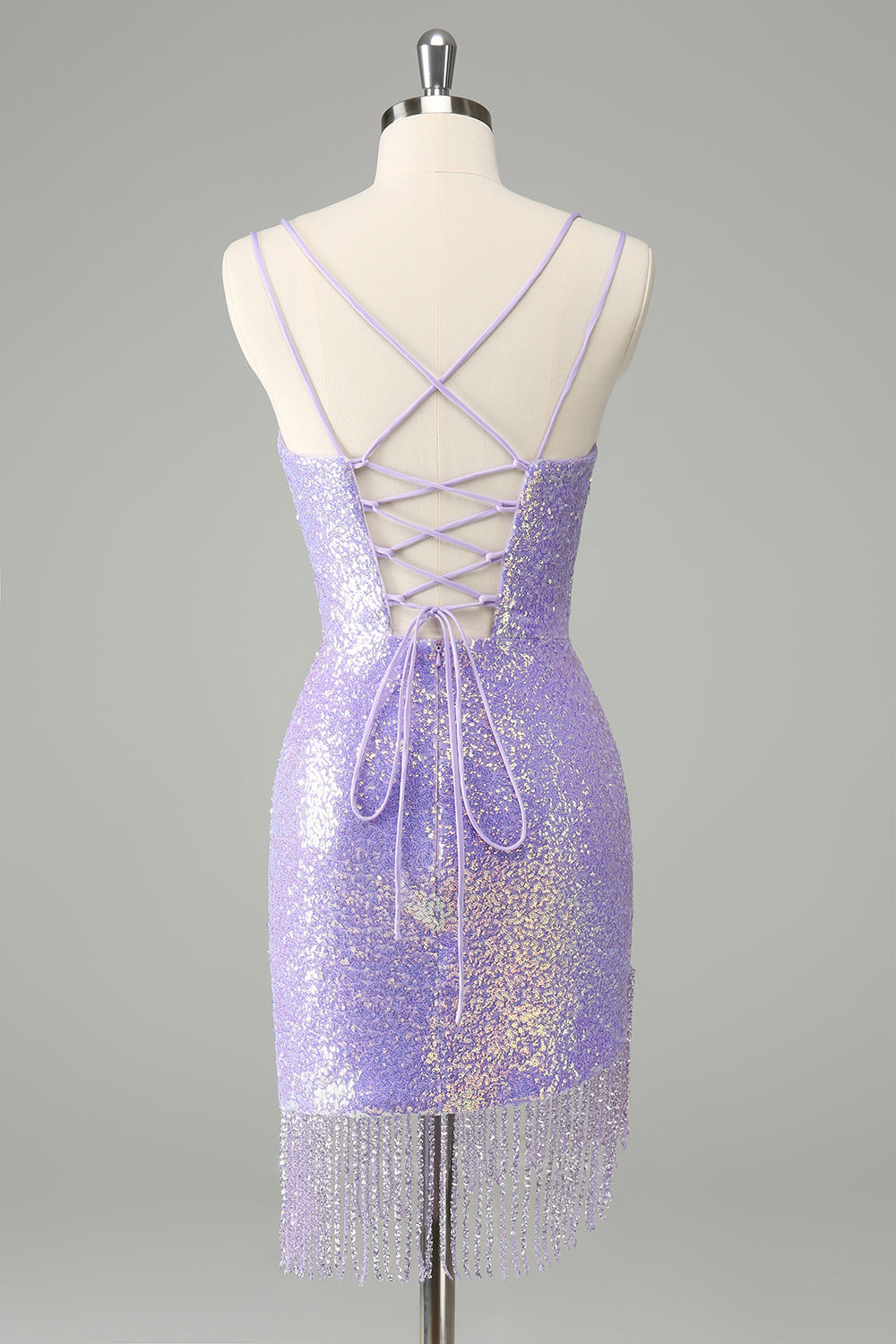 Sparkly Lilac Tight Sequins Lace Up Back Short Homecoming Dress with Tassels