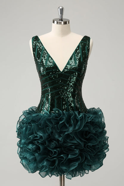 Glitter Dark Green Tight V Neck Sequins Homecoming Dress with Detachable Ruffles