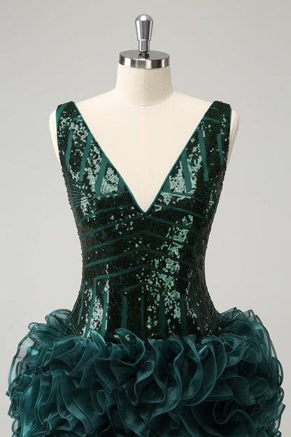 Glitter Dark Green V Neck Sequins Homecoming Dress with Detachable Ruffles