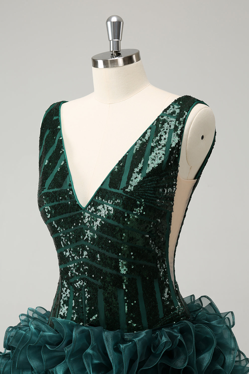 Glitter Dark Green V Neck Sequins Homecoming Dress with Detachable Ruffles