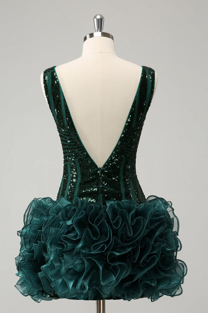 Glitter Dark Green Tight V Neck Sequins Homecoming Dress with Detachable Ruffles