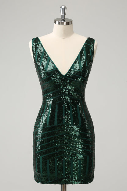 Glitter Dark Green Tight V Neck Sequins Homecoming Dress with Detachable Ruffles