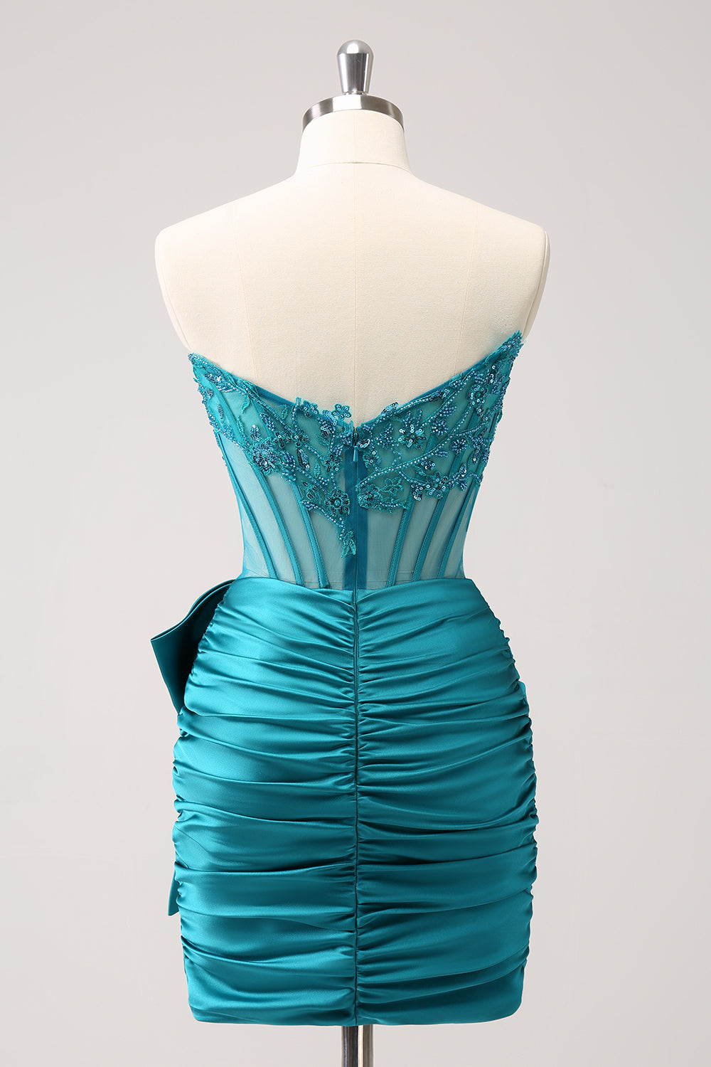 Sparkly Peacock Green Tight Strapless Beaded Applique Homecoming Dress with Bow