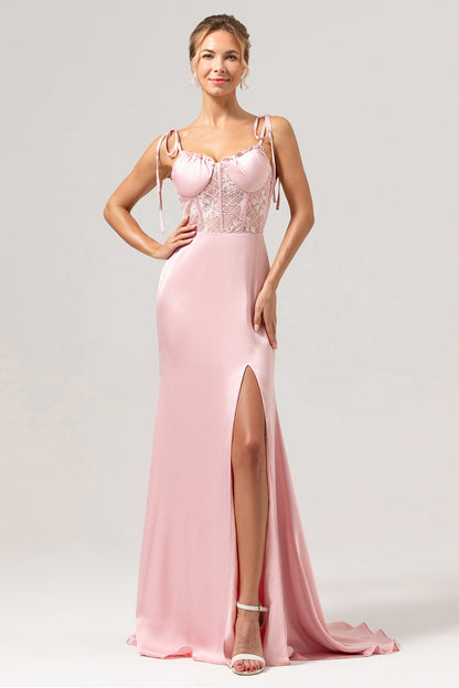 Mermaid Spaghetti Straps Satin Pink Long Bridesmaid Dress with Slit