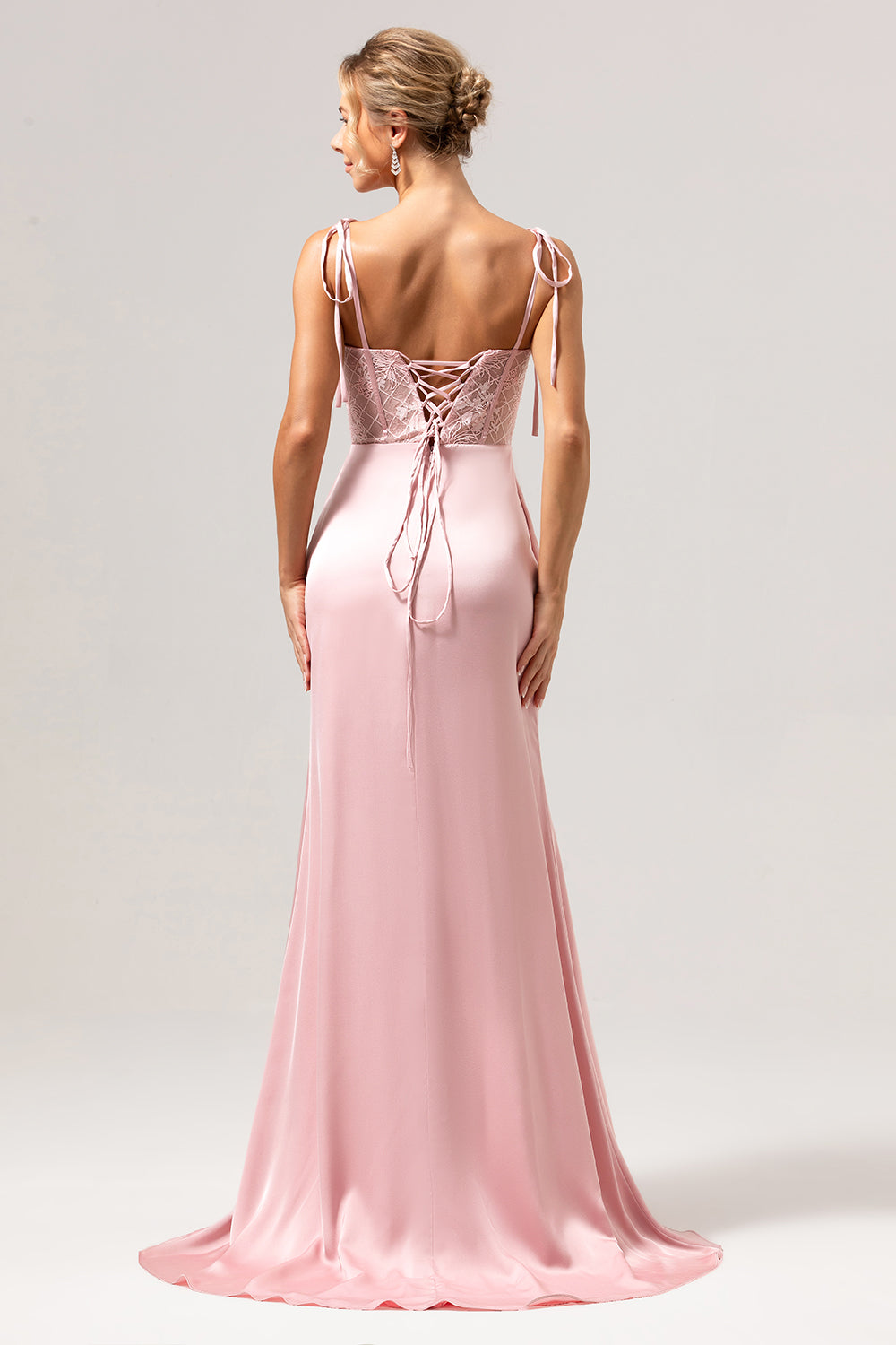 Mermaid Spaghetti Straps Satin Pink Long Bridesmaid Dress with Slit