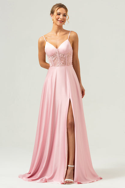 Pink A-Line Spaghetti Straps Satin Corset Long Bridesmaid Dress with Slit