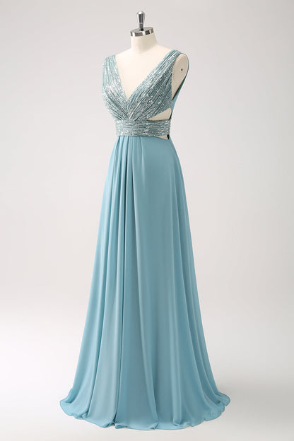 Grey Green V Neck A-Line Sequins Chiffon Long Bridesmaid Dress