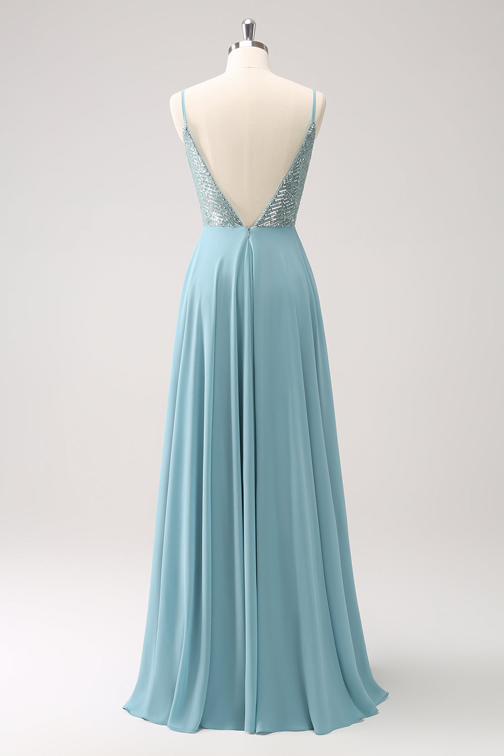 Grey Green A-Line Spaghetti Straps Chiffon Long Bridesmaid Dress with Slit