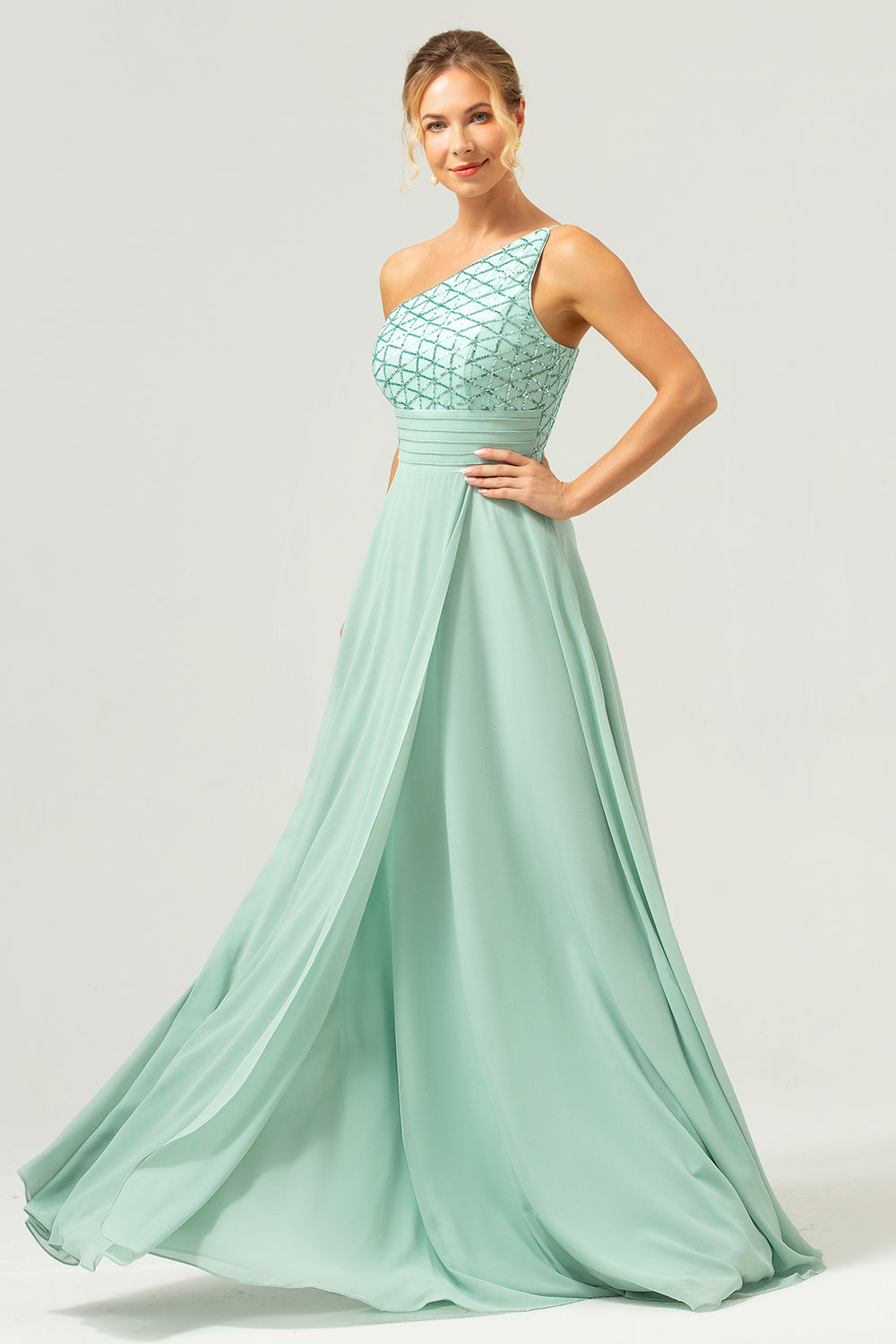 Sparkly Green A-Line One Shoulder Chiffon Long Bridesmaid Dress