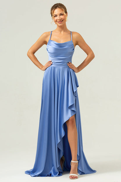 Blue Asymmetrical Cowl Neck Satin Bridesmaid Dress with Slit