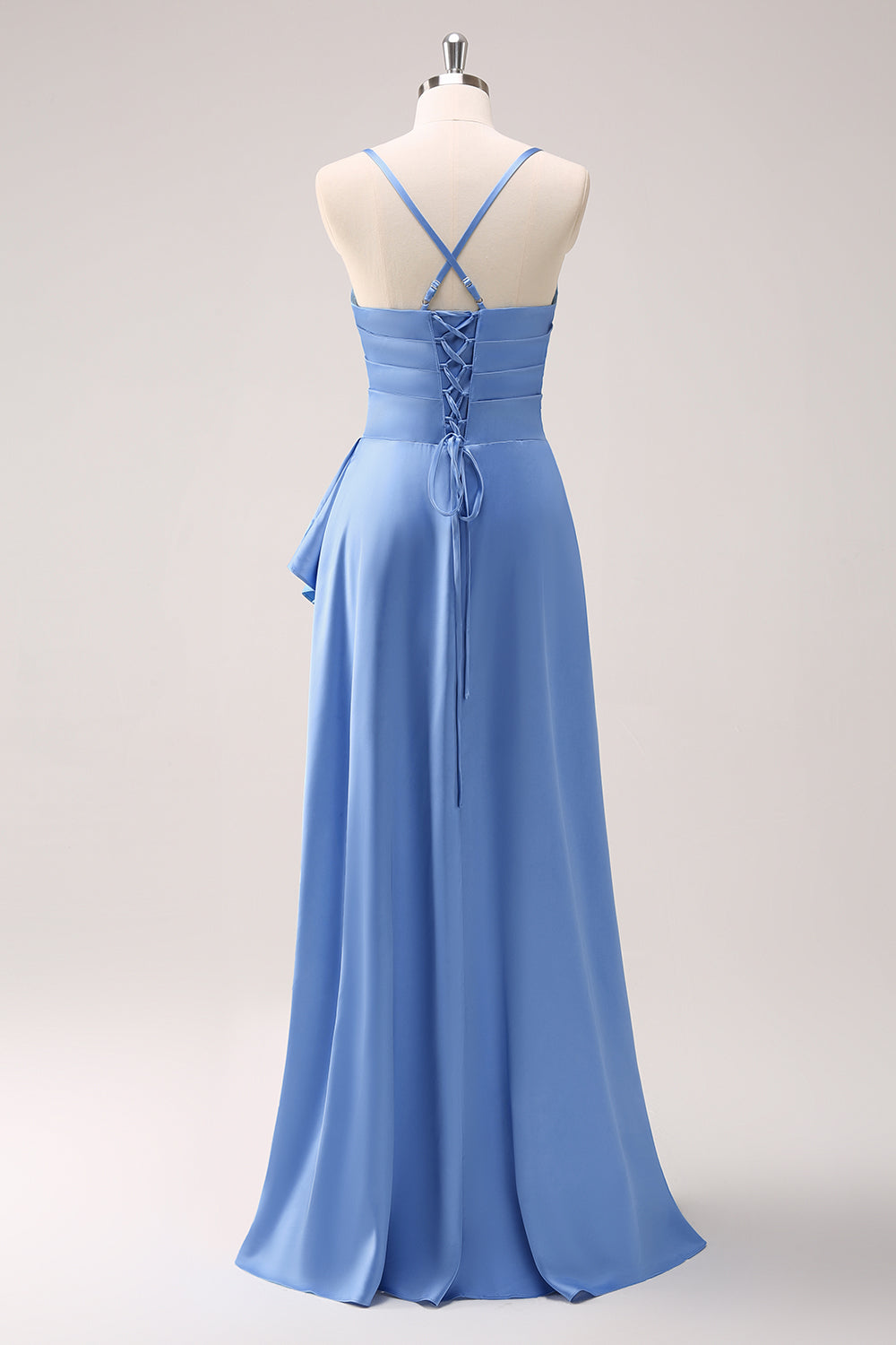 Blue Cowl Neck Satin Asymmetrical Bridesmaid Dress with Slit